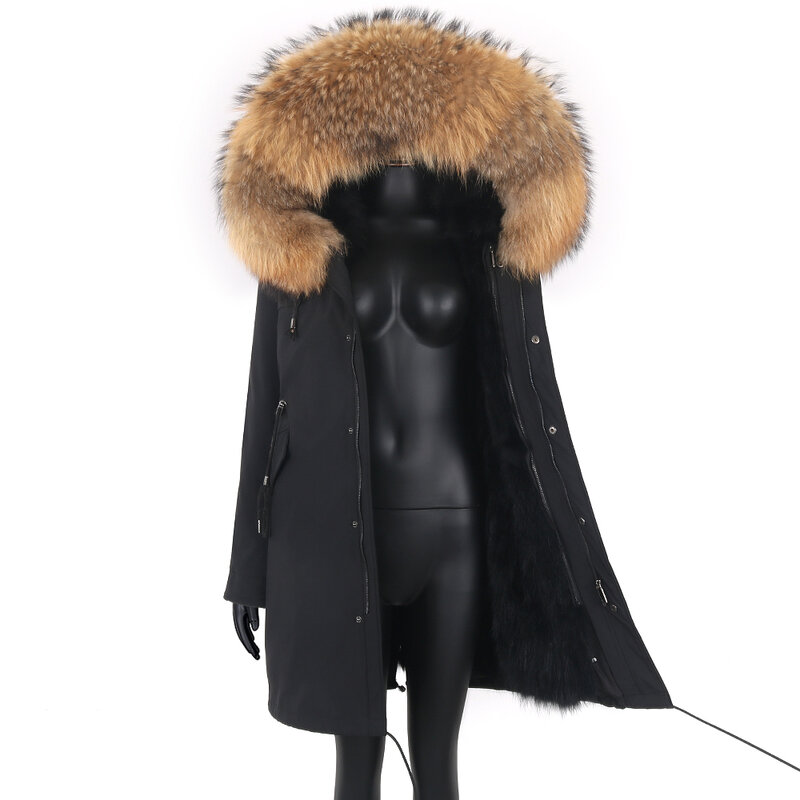 本物のキツネの毛皮の裏地付きジャケット,厚くて暖かい冬のコート,長いパーカー,防水,大きな自然なアライグマの毛皮の襟,フード,2023
