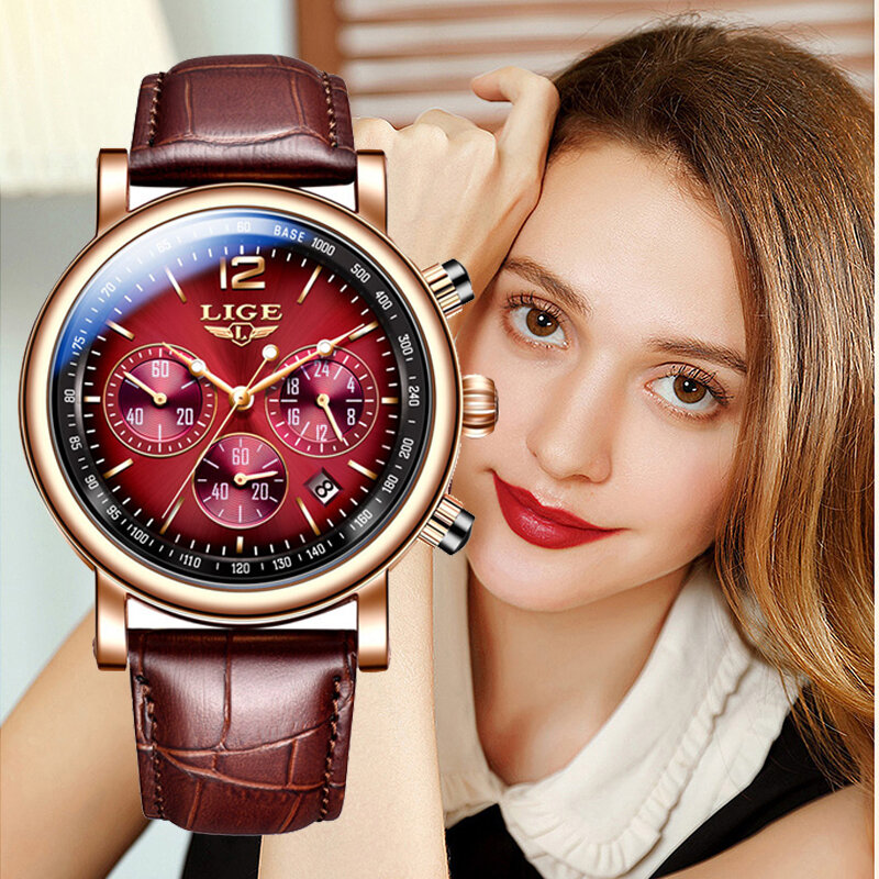 LIGE-Reloj de pulsera de cuarzo para mujer, nuevo accesorio de marca de lujo con correa de cuero, resistente al agua, con fecha y caja, 2023