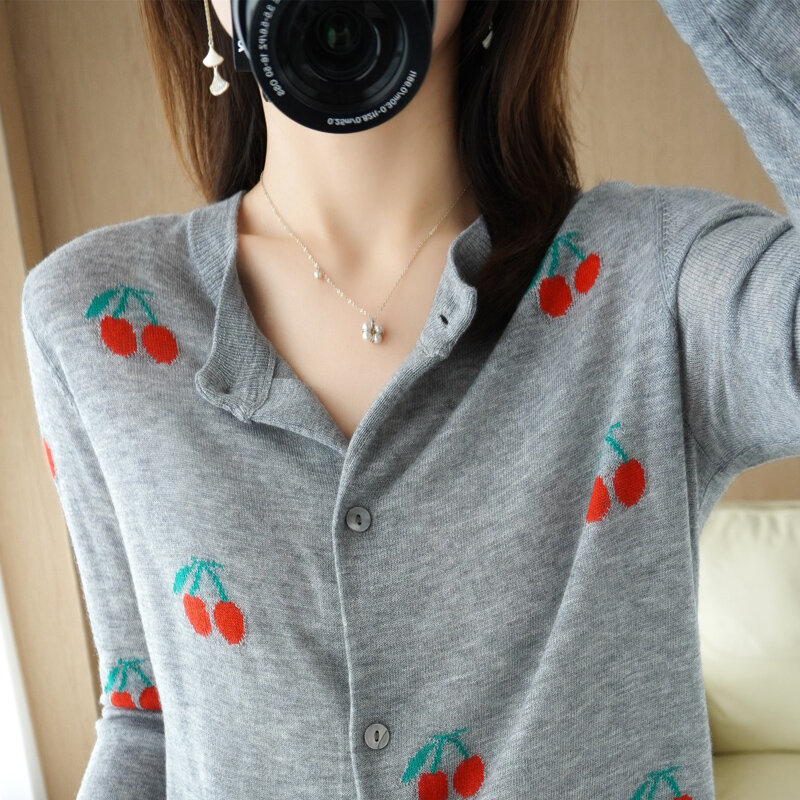 Spring, Autumn and Winter Women's New Wool Knit Cardigan Short Jacket Cute Cherry All-match Loose Outer Wear Thin Style  Fashion