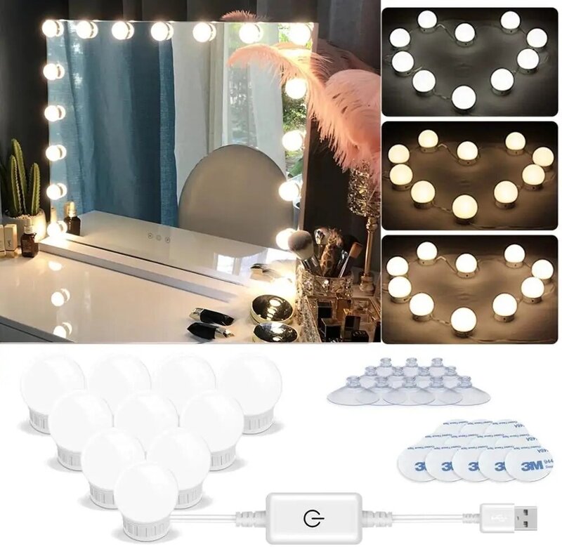 Espejo LED de maquillaje para tocador, lámpara de pared regulable continua, 12V, Hollywood, 6, 10 y 14 bombillas