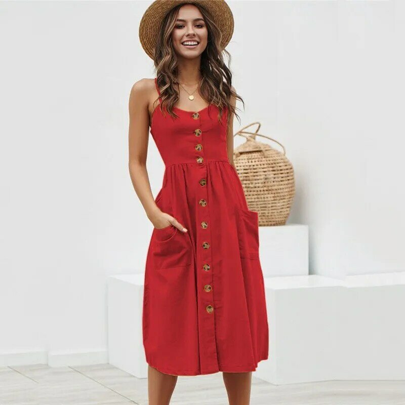 Vestido de tirantes finos para mujer vestido playero de verano informal suelto con botones asimétrico de talla grande   Rojo 