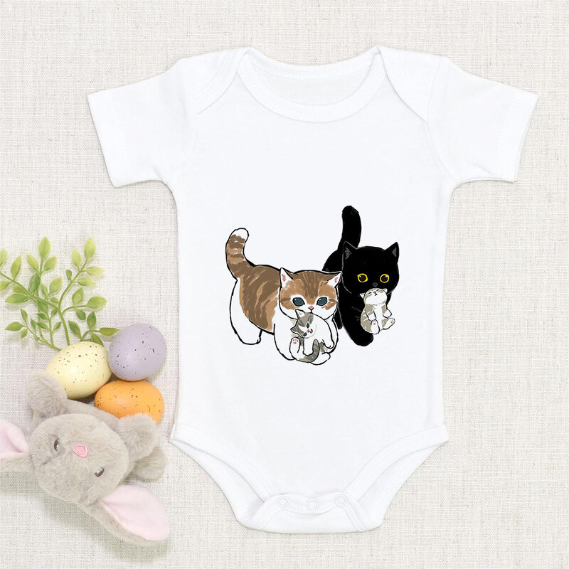 面白い猫のプリントされた漫画のボディ,だぶだぶの夏の新生児服,半袖,ラウンドネック,0〜24m