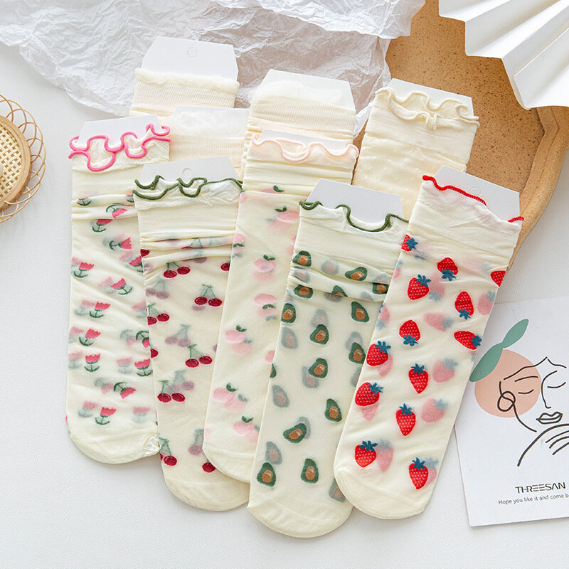 Calcetines con volantes de Lolita para mujer, medias ultrafinas con patrón de fruta y fresa, transpirables, de malla de tul suave y dulce, Harajuku, Verano