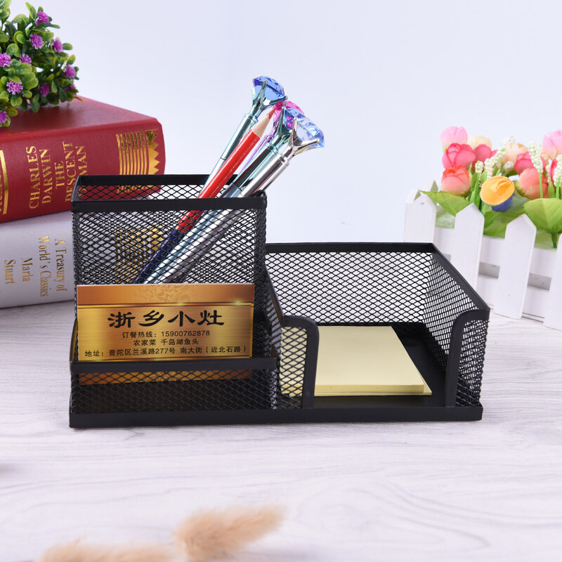 Affordable Students Office Desk 3 Compartments Multifunction Metal Pen Holder Black School Stationery Supplies