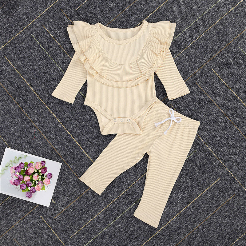 Комплект одежды для новорожденных девочек, ребристый трикотажный комбинезон с длинным рукавом и листьями лотоса, комбинезон + штаны, одежда...