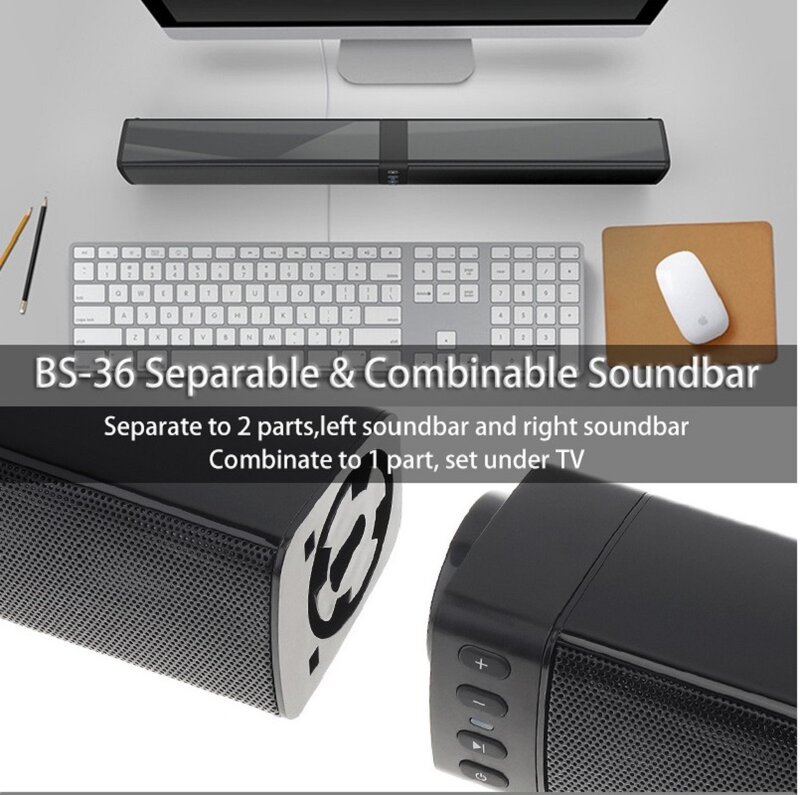 BS-36 Home cinéma Surround multi-fonction Bluetooth barre de son haut-parleur avec 4 cornes de gamme complète Support pliable fendu pour TV/PC