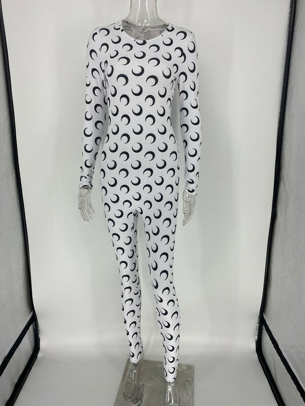 Joskaa Moonพิมพ์Bodycon Zipper Jumpsuitสำหรับผู้หญิงOคอยาวแขนยาวผอมสูงเอวSlim Fitเซ็กซี่ปาร์ตี้Romperโดยรวม