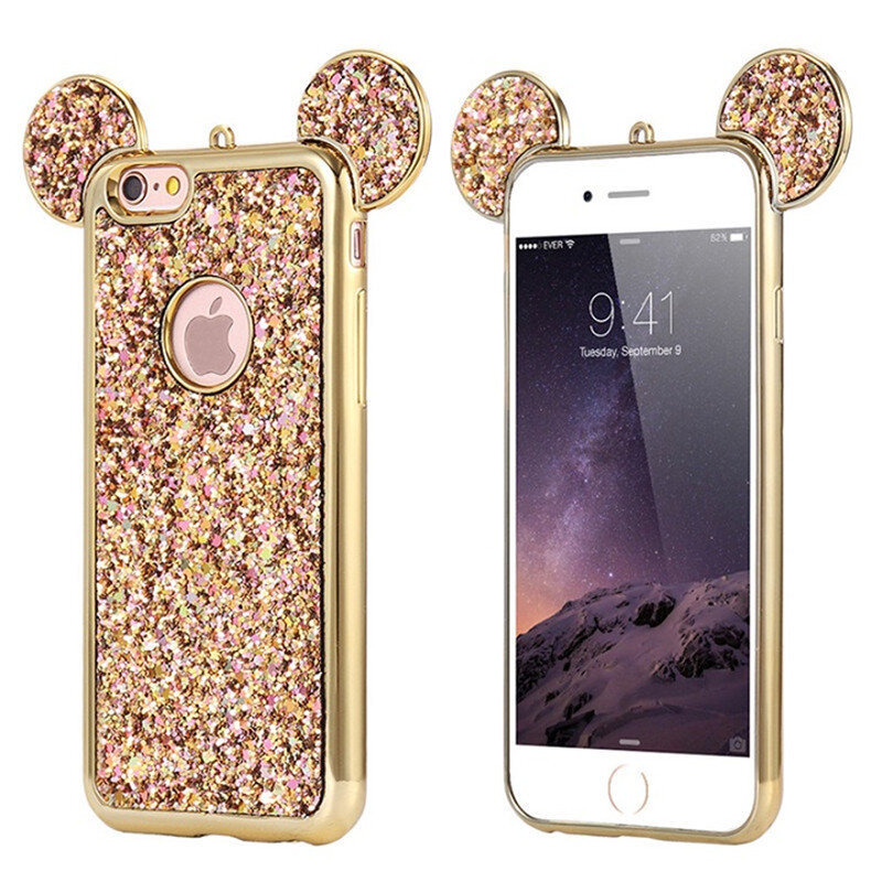 For iPhone X XS MAX XR 6 6S 7 8 Plus Cartoon Mouse Ears Case For Samsung Galaxy S6 S7 Edge S8 S9 Plus Bling Glitter Cover