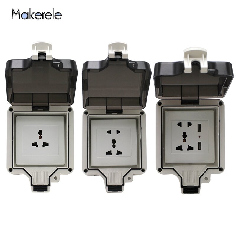 IP66 3/5 Holes Multi-function Universal Waterproof Outdoor Wall Power Socket With 2USB Ports 10A Electrical Outlet Grounded