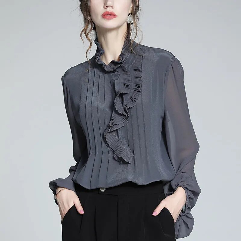 Camisa de seda para mujer, camisa francesa con volantes, diseño sense niche, novedad de verano 2021