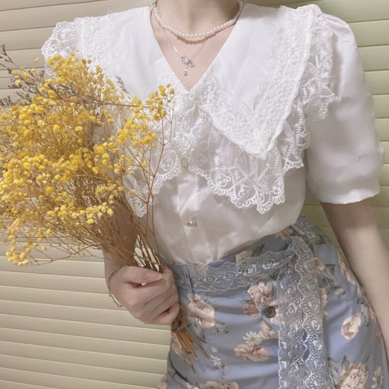 Camiseta blanca con cuello de muñeca para mujer, Blusa de manga corta con cuello de muñeca, diseño de Sense del verano, 2021