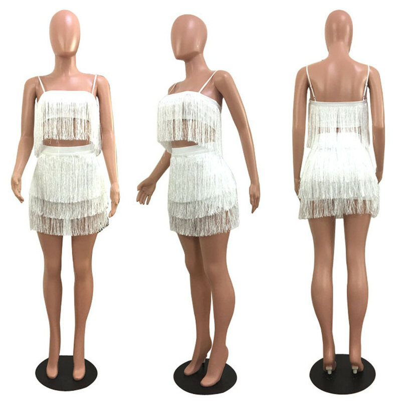 Tassel Two Piece Skirt Set Women Sexy Spaghetti Strap Sleeveless Short Tassel Skirt Off Elegant Party Nightclub Outfits