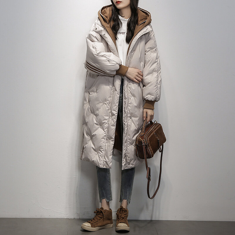 Moda longa para baixo jaqueta feminina 2021 inverno estilo coreano com capuz 90 pato branco para baixo casaco feminino solto casaco