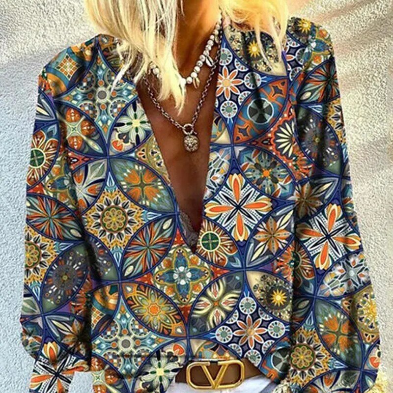 2021 여름 여성 캐주얼 루즈 탑스 긴 소매 패션 블라우스 딥 브이넥 레트로 그래픽 프린트 랜턴 슬리브 플 런지 셔츠