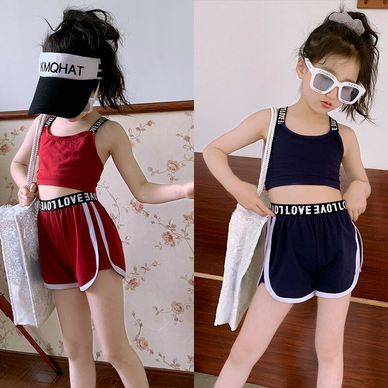 Girls' suspender vest set 2021summer new open navel short top, webbing and shorts two-piece set