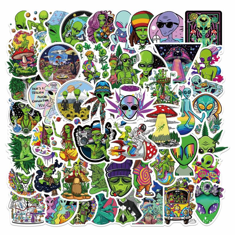 50Pcs Funny Psychedelic Stickers extraterrestrial Leaves Graffiti Luggage Laptop Waterproof Stickers Skateboard Guitar Stickers