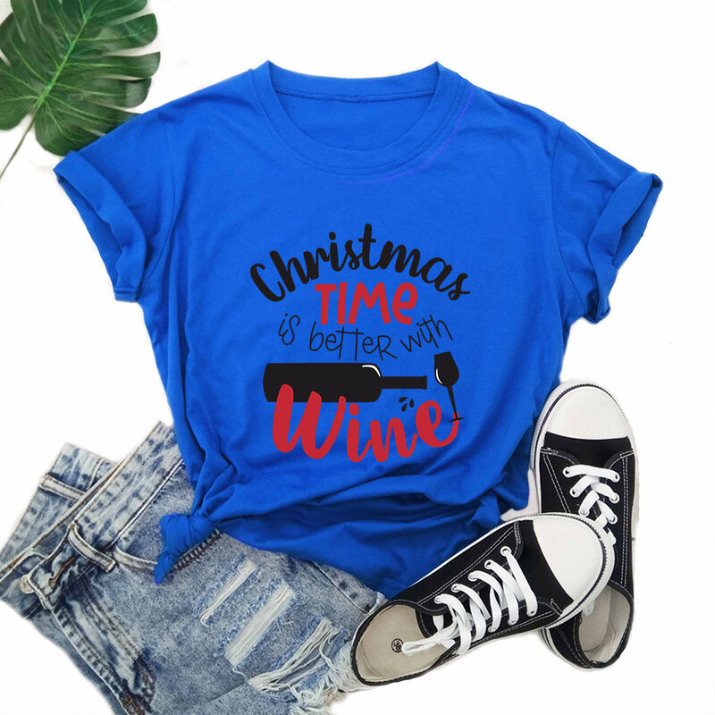 Weihnachten Ist Besser mit Wein Print T Shirt Frauen Kurzarm O Neck Lose T-shirt Frauen Kausale T Shirt Tops camisetas Mujer
