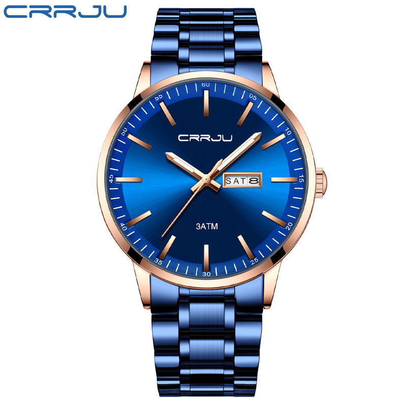 CRRJU 2021 شعبية مقاوم للماء ساعة رجالية موضة الأعمال التقويم الأزرق الفولاذ المقاوم للصدأ ساعة كوارتز