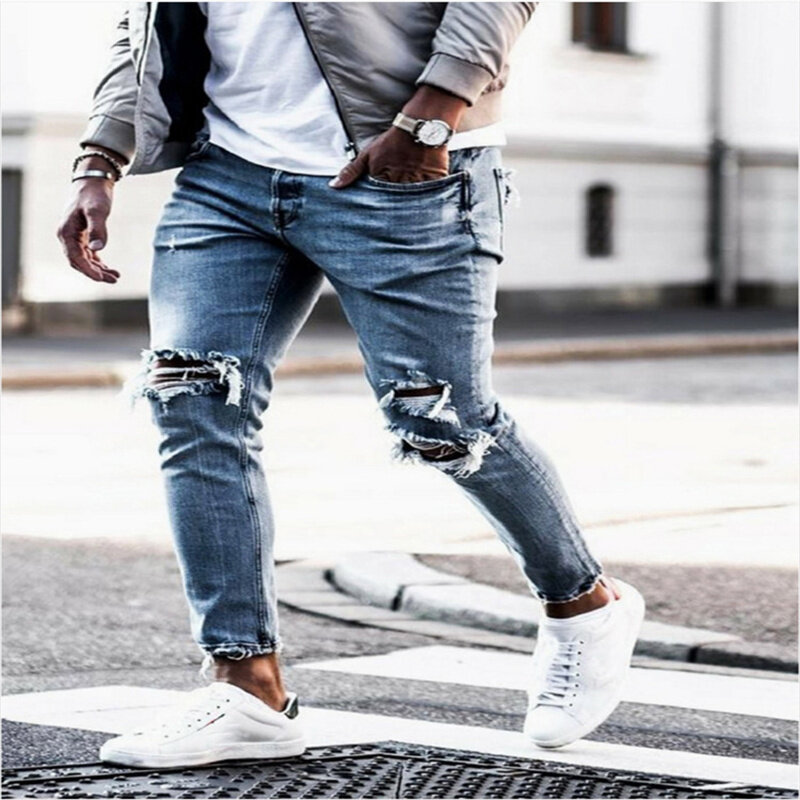 Casual Streetwear Jeans Slim Fit neri uomo 2021 autunno Masculina Hole Jeans pantaloni uomo Trendy Dance Club Jeans Skinny tourer