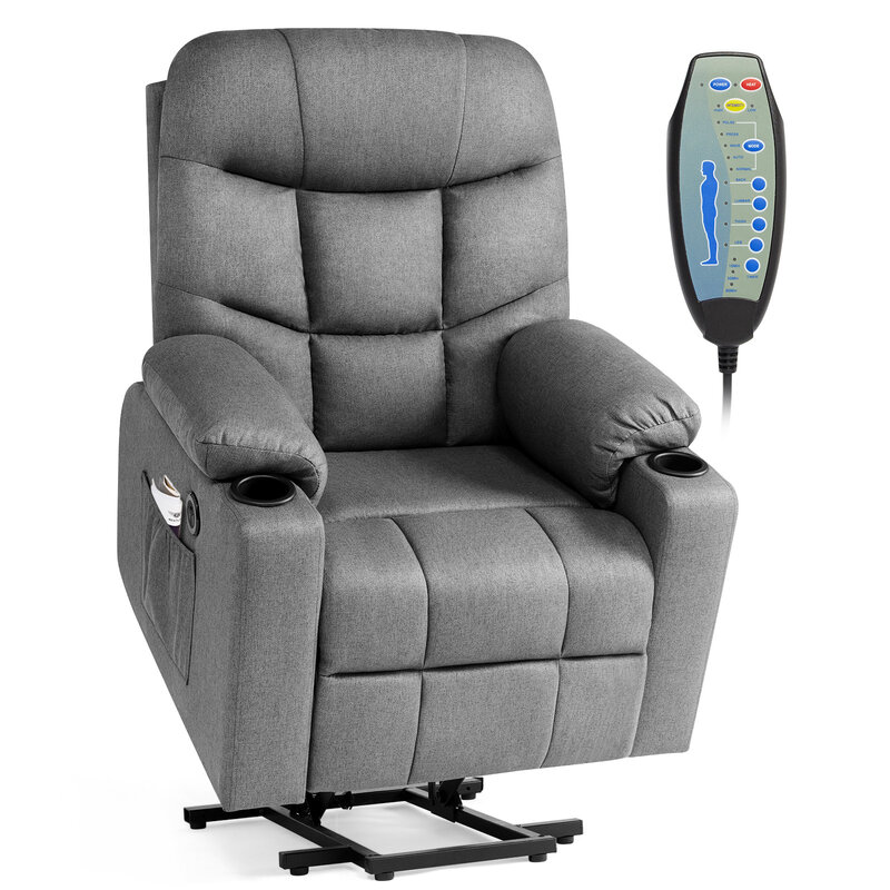 Tekstylny elektryczny fotel do masażu, podgrzewane i masowane regulowane krzesło domowe, 3 pozycje, 2 boczne kieszenie, metalowa rama, USB