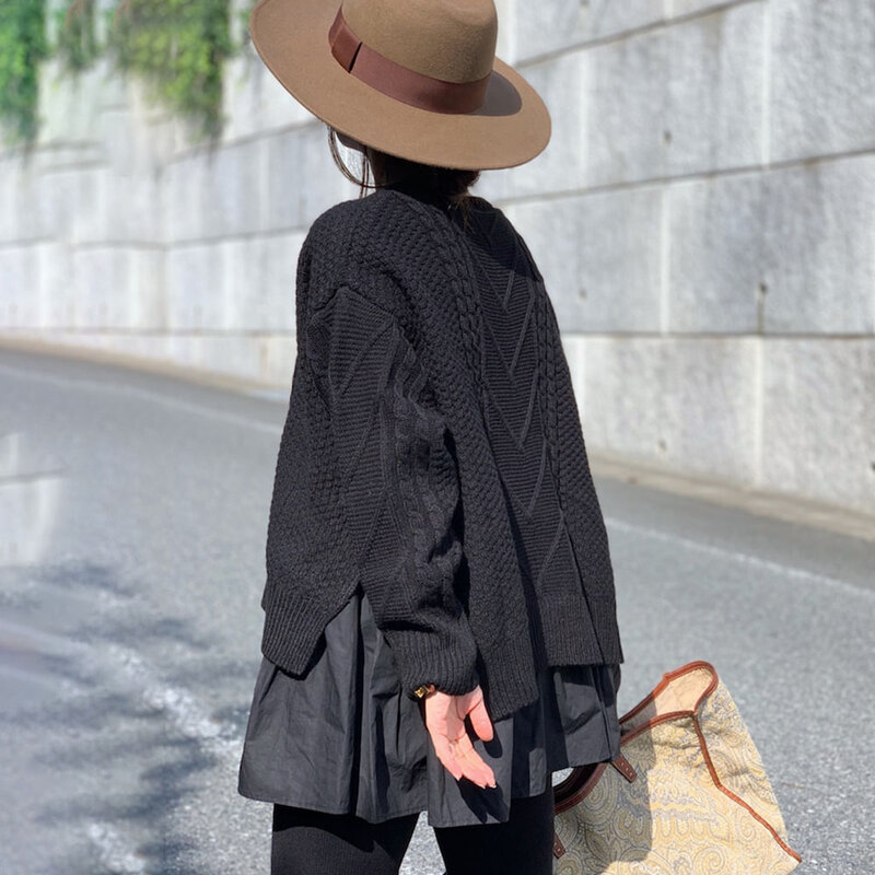 Wiosna z długim rękawem czarny sweter damski koreański moda z falbanką, patchworkowy pulowerowe topy Harajuku bluza oversize Streetwear