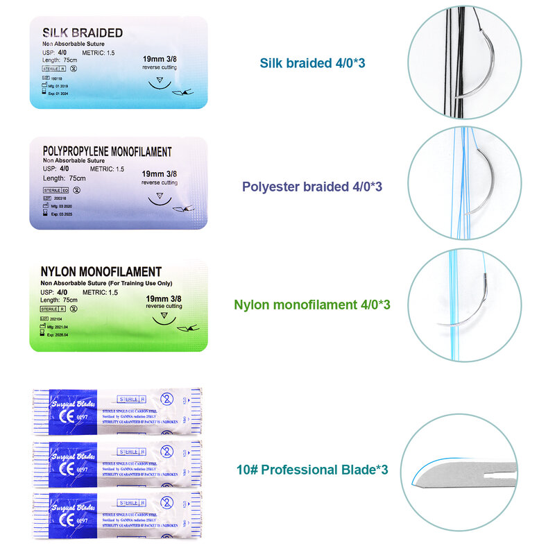 20pcs Kit di addestramento per sutura chirurgica la pelle funziona modello di pratica della sutura cuscinetto di addestramento forbici Kit di strumenti attrezzatura per l'insegnamento FDA CE
