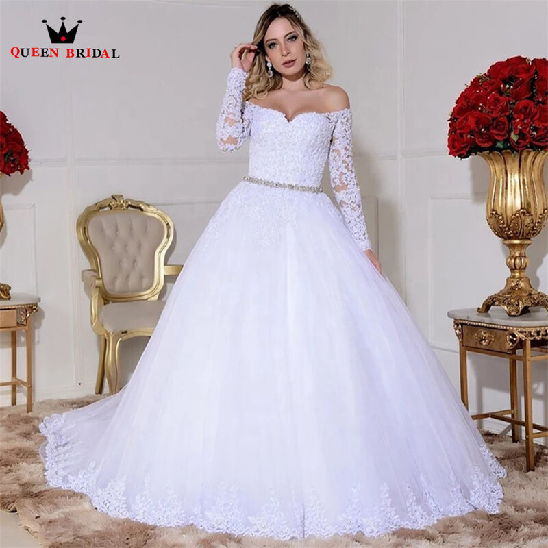 Elegant Ball Gown Puffy Wedding Dresses Long Sleeve Tulle Lace Crystal Belt Bridal Gown 2022 New Design Custom Made DS113