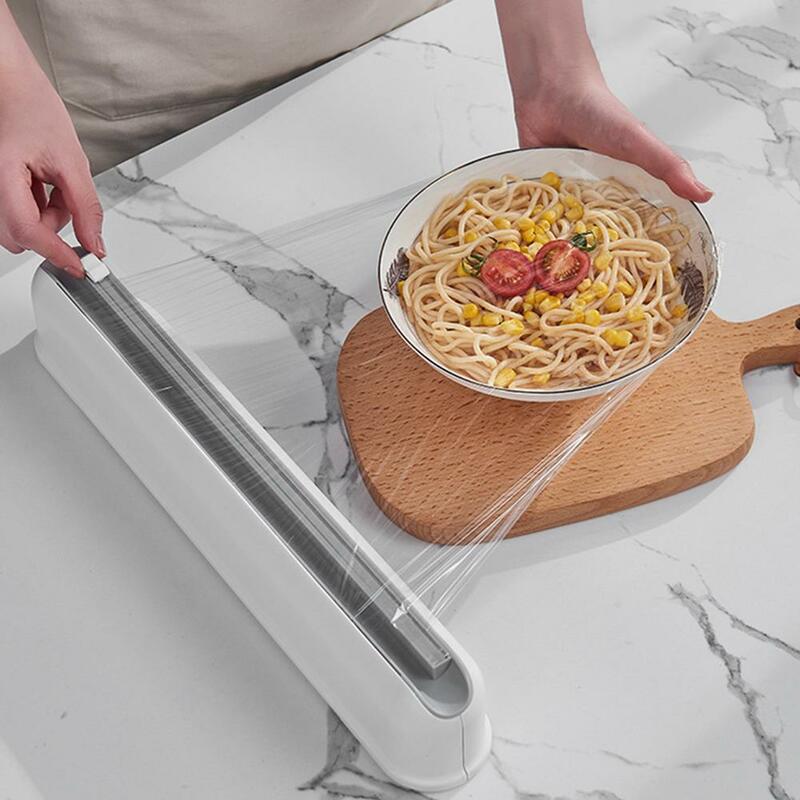 Dispensador de envoltório de alimentos com cortador reutilizável cling film dispenser afiada cortador armazenamento titular ferramenta da cozinha