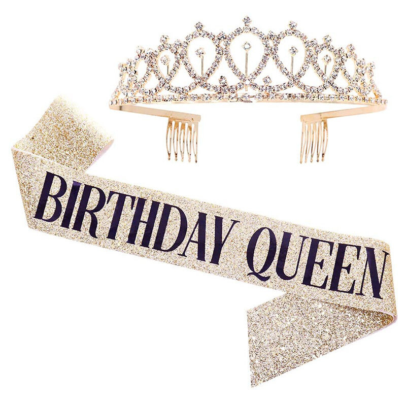 Rhinestone Crystal Crown Tiara Baby Shower Meisje Verjaardag Anniversary Decoratie Gelukkig 21th Verjaardag Satin Sash Feestartikelen