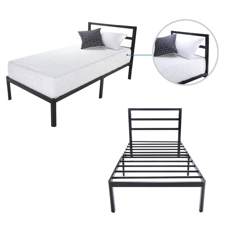 Modern Full Size Metal Bed Frame Wood Slats Mattress Square Horizontal Bar Head Of Bed Iron Bed Twin Size Foundation Black