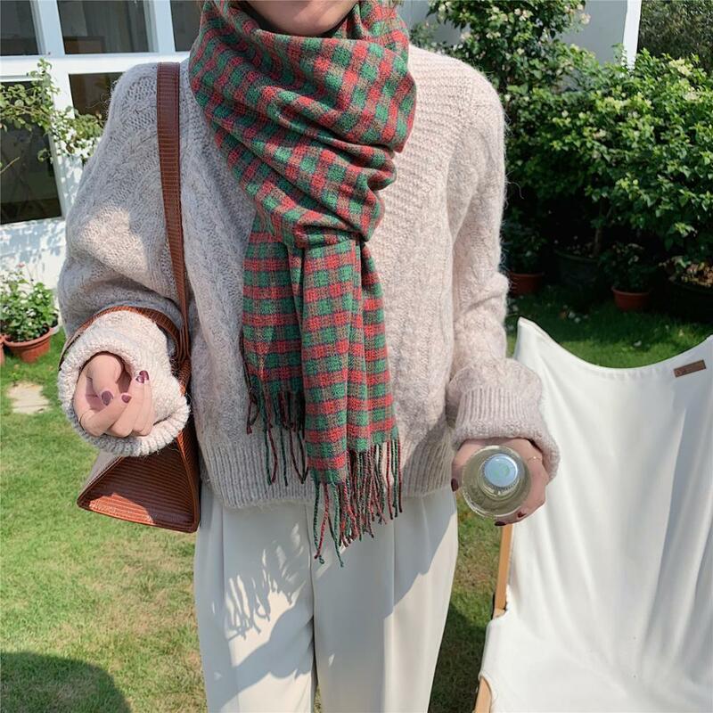 Bufanda a prueba de viento para mujer, chal cálido de gran tamaño, estampado a cuadros, imitación de Cachemira, bufanda gruesa