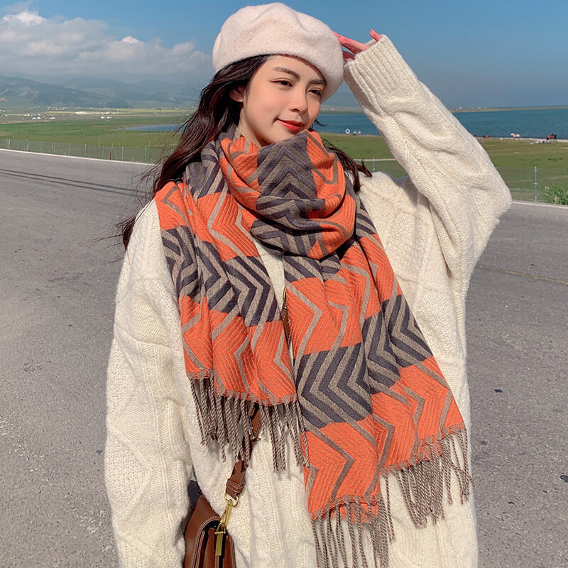 ฤดูใบไม้ร่วงฤดูหนาวผู้หญิงผ้าพันคอผ้าพันคอผ้าคลุมไหล่ญี่ปุ่นเกาหลีหวานแฟชั่นพู่หนาลายพิมพ์ผ้าพันคอ