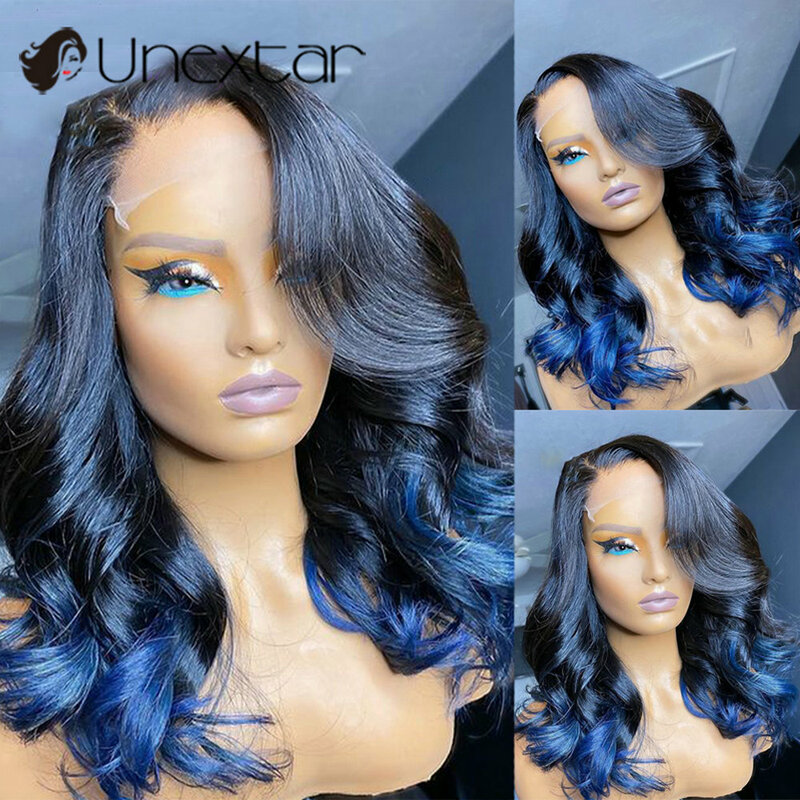 Perruque Lace Front Wig brésilienne naturelle ondulée, cheveux humains, bleu foncé, # 1b, 13x4, densité 180%, pour femmes