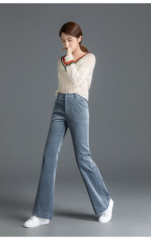 Women Autumn Winter Flared Pants Corduroy Pants High Waisted Casual Female Trousers Bell Bottom Solid Pants