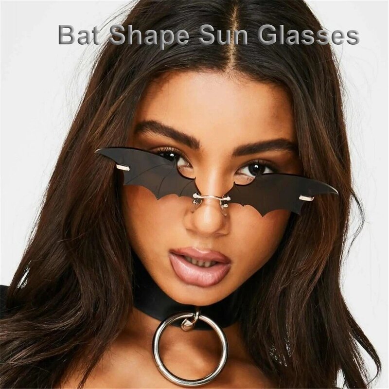 Óculos de sol sem aro da moda, óculos escuros retrô com lentes chamas do morcego e do amor em forma de coração, óculos de sol da moda sem aro uv400 para mulheres