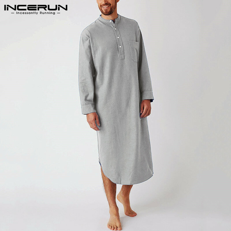 2023 Men's Sleep Robes Solid Color Cotton Long Sleeve Comfort O Neck Leisure Nightgown Mens Bathrobes Homewear Plus Size INCERUN