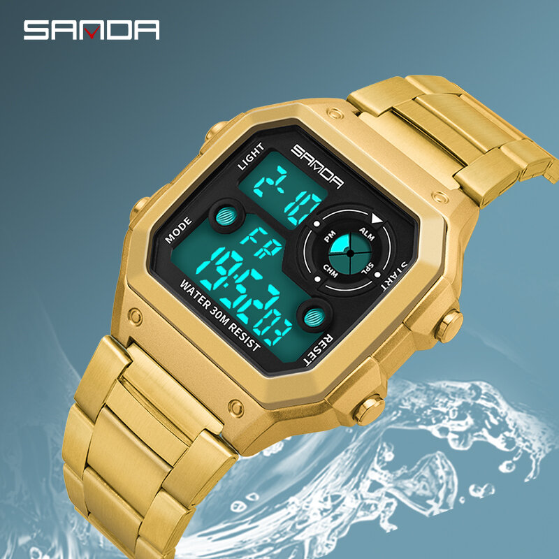 SANDA sportowe męskie zegarki ze stali nierdzewnej złota cyfrowe zegarki mężczyźni moda wodoodporna odliczanie zegar Relogio Masculino 408