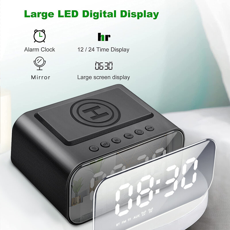 Drahtlose Ladegerät Wecker Bluetooth Lautsprecher LED Smart Digitale Uhr Tisch Elektronische Desktop Uhren Fm Radio USB Schnelle Ladegerät