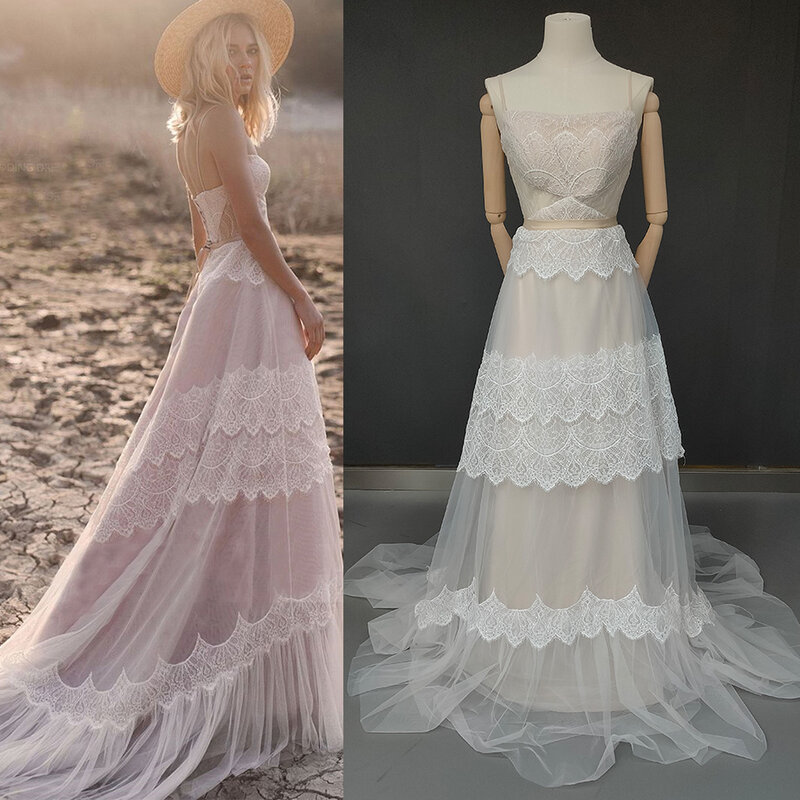 Boho Beach Garden Bridal Gown Lace Champagne 2021 Spaghetti Straps Backless Long Destination Wedding Dress Vestido De Noiva 1247