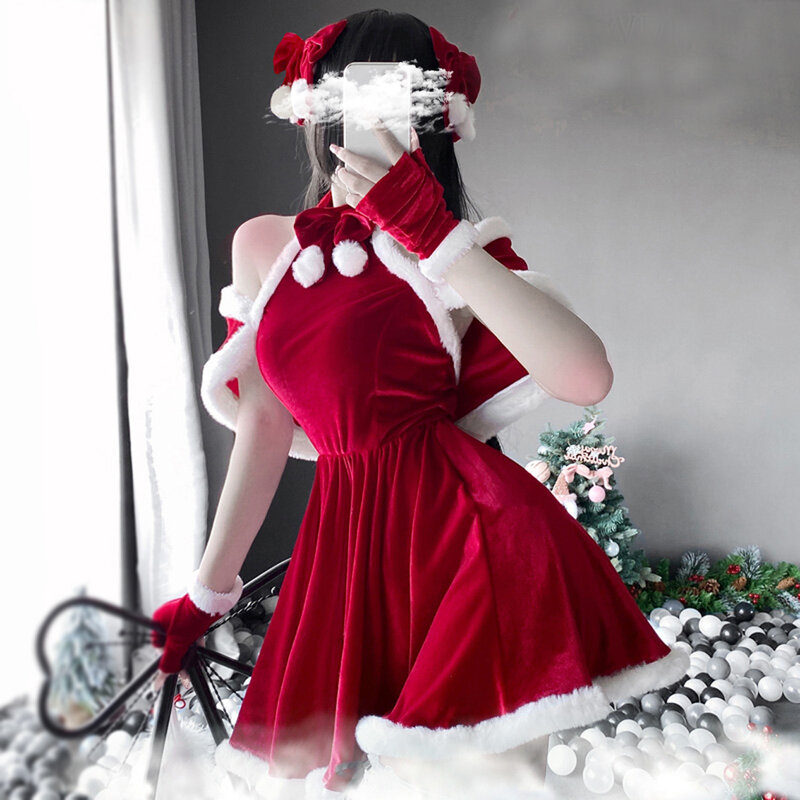 المرأة عيد الميلاد عيد الميلاد مثير سيدة سانتا كلوز تأثيري حلي مثير الملابس الداخلية الشتاء فستان أحمر خادمة نادلة موحدة