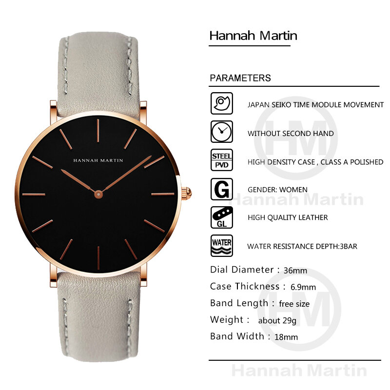 Hannah Martin Fashion Ladies Watch With Leather Strap Brand Gray Black Women Watches Bracelet Waterproof Wristwatch Women