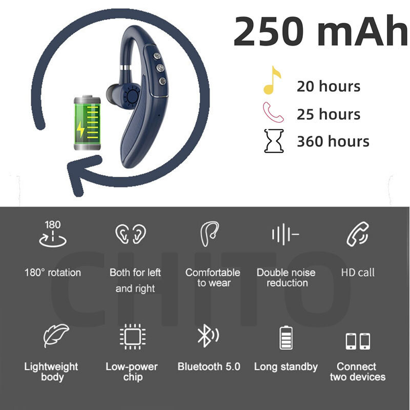 Fone de ouvido earhook bluetooth 5.0 sem fio fones de ouvido gancho de ouvido estéreo fone de ouvido-gancho esportes bateria longa com microfone