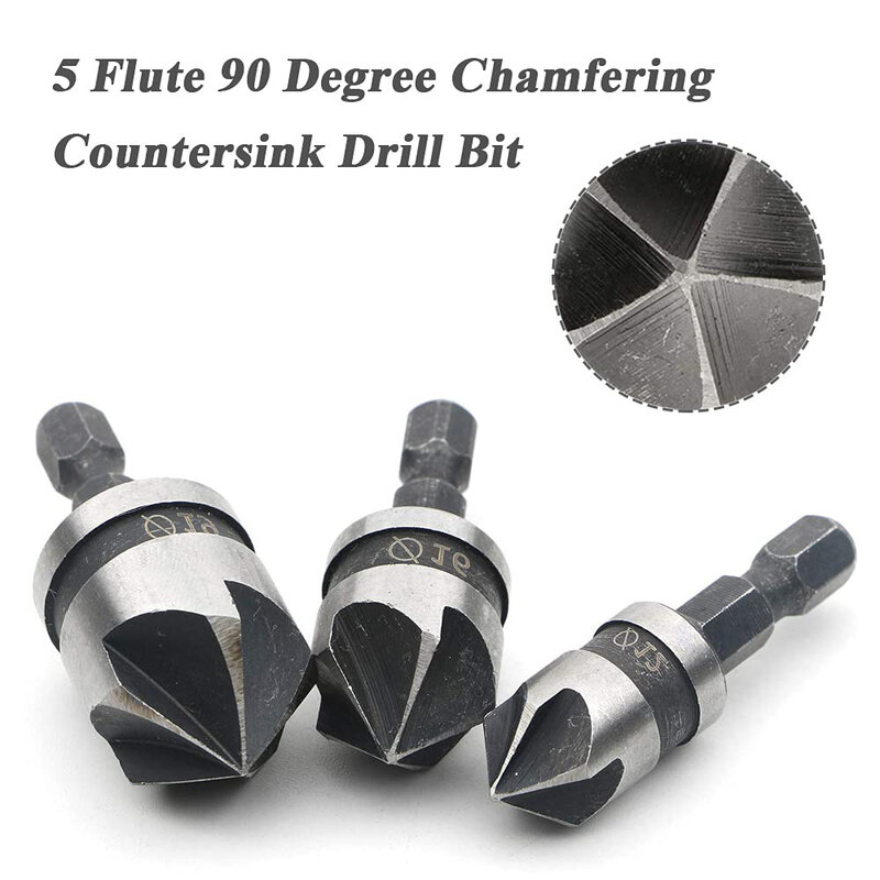 3pcs Countersink Drill Bits 5 Flute 90 Degree 12mm 16mm 19mm Hex Chamfer Metal Woodworking Carbon Steel Countersink Bit Tools