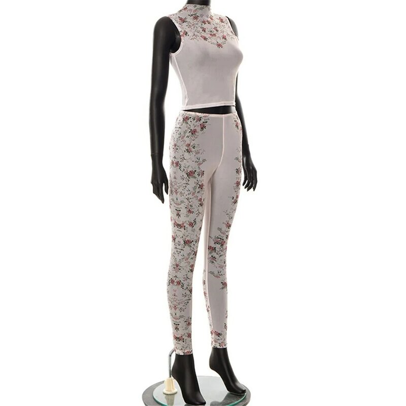 SSEURAT-Conjunto de dos piezas de malla con estampado Floral para mujer, camisetas sin mangas transparentes y pantalones finos, ropa de calle a juego para entrenamiento