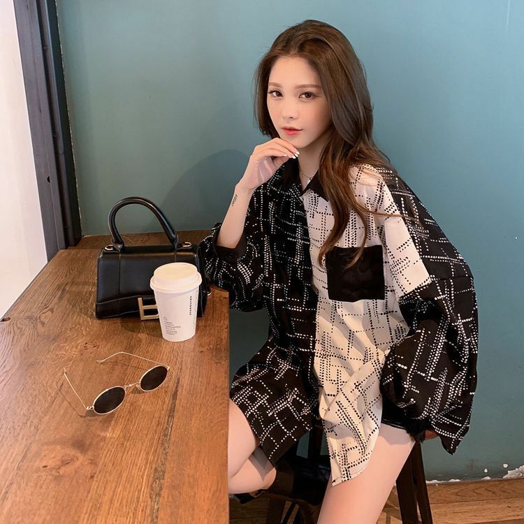 Primavera novo estilo coreano feminino topo para meninas plump costura camisa de mangas compridas plus size solto meados de comprimento barriga cobrindo camisa