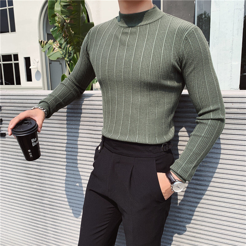 2021 outono inverno moda mock pescoço blusas topos masculino cor sólida fino ajuste pullovers masculino manga comprida de malha topos o117