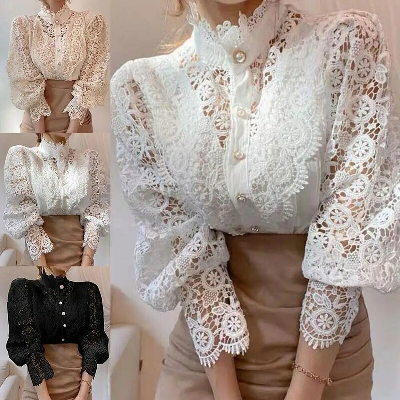 Novo 2021 doce oco para fora do laço retalhos blusa feminina flor manga pétala colarinho branco camisa carrinho blusas botão superior m0m4