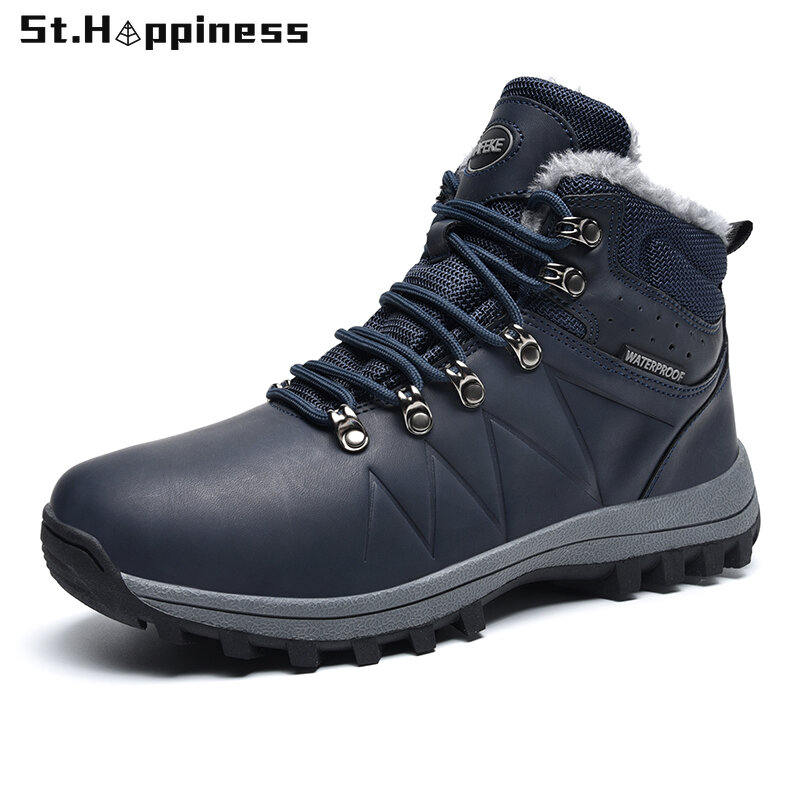 2021 Winter New Men Boots Outdoor Warm Plush Non Slip Hiking Boots Fashion Waterproof Leather High Top Casual Shoes Big Size 47