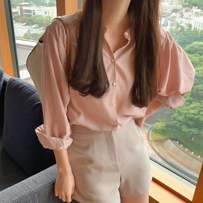Camicetta dolce allentata da donna primavera elegante camicie rosa accogliente manica lunga femminile coreano morbido sottile camicetta dolce Crop top femminile