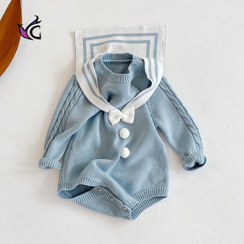Yg Girl 0-2 Years Old Baby Navy Collar Bow Wool One-piece Clothes Baby Bag Fart Ha Clothes Triangle Climbing Clothes